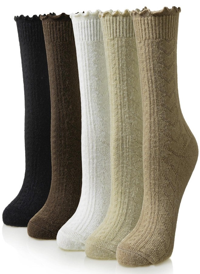 Eyean Womens Merino Wool Ruffle Socks Knit Warm Boot Winter Cozy Thermal Hiking Dress Crew Frilly Socks 5 Pairs (Beige White Khaki) - Image 1